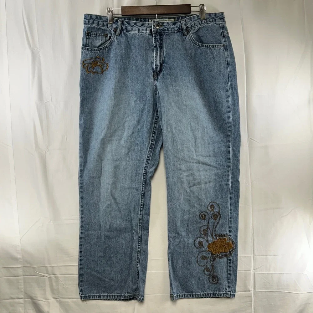 Faded Glory Jeans Womens 20W Blue Floral Embroidered Beaded Straight Leg Denim